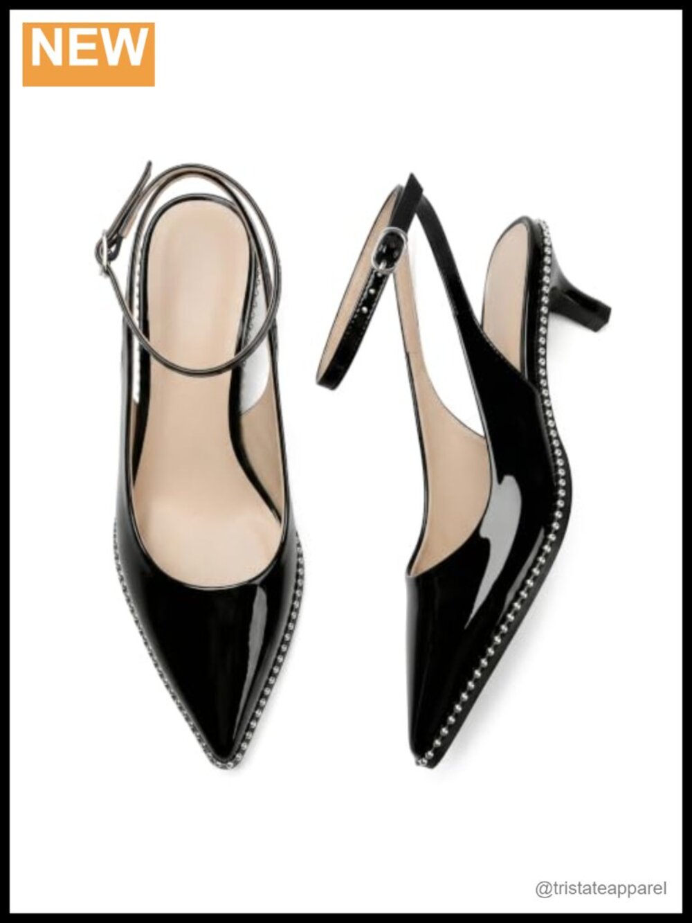 Kitten Heels Slingback Pointed Toe Ankle Strap 1.5 Inch Patent Leather